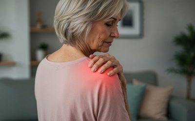 Senior caucasian woman, Photography of a woman experiencing shoulder pain, captured in a casual home setting. She gently touches her shoulder with one hand, her expression showing mild discomfort. The area of pain is highlighted with a soft red glow, emphasizing the source of her discomfort and drawing attention to the need for care or medical attention. The background is softly blurred, with a cozy indoor environment providing a relatable and calm atmosphere.